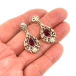 Drop Earrings Victorian Style Gold Plated Metal Alloy Set With Red And Clear Czech Crystals