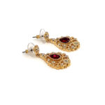 Drop Earrings Victorian Style Gold Plated Metal Alloy Set With Red And Clear Czech Crystals