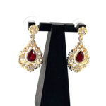 Drop Earrings Victorian Style Gold Plated Metal Alloy Set With Red And Clear Czech Crystals