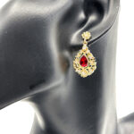 Drop Earrings Victorian Style Gold Plated Metal Alloy Set With Red And Clear Czech Crystals