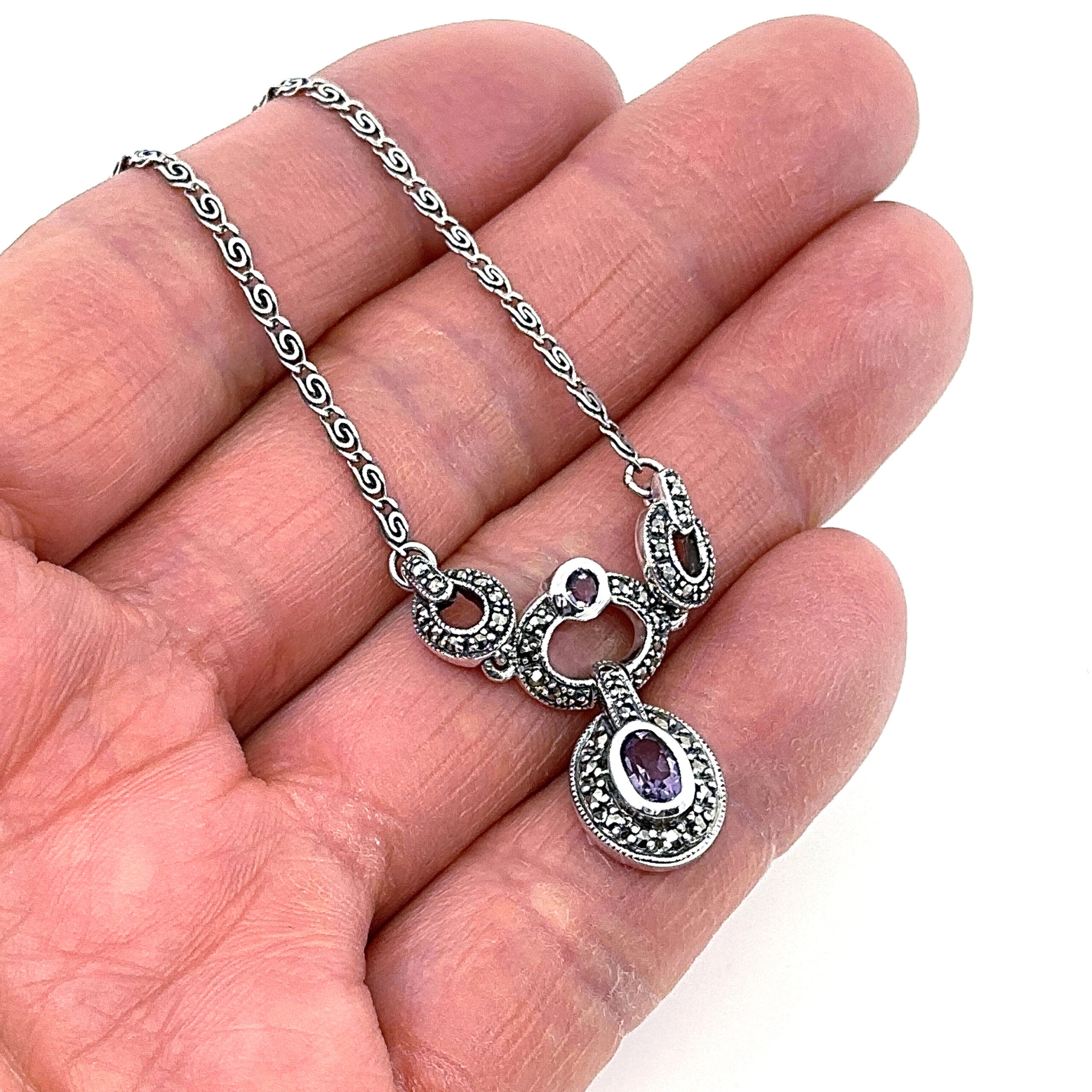 NK201 (7) Victorian Style Marcasite And Amethyst Necklace Finished In 925 English Hallmarked Sterling Silver