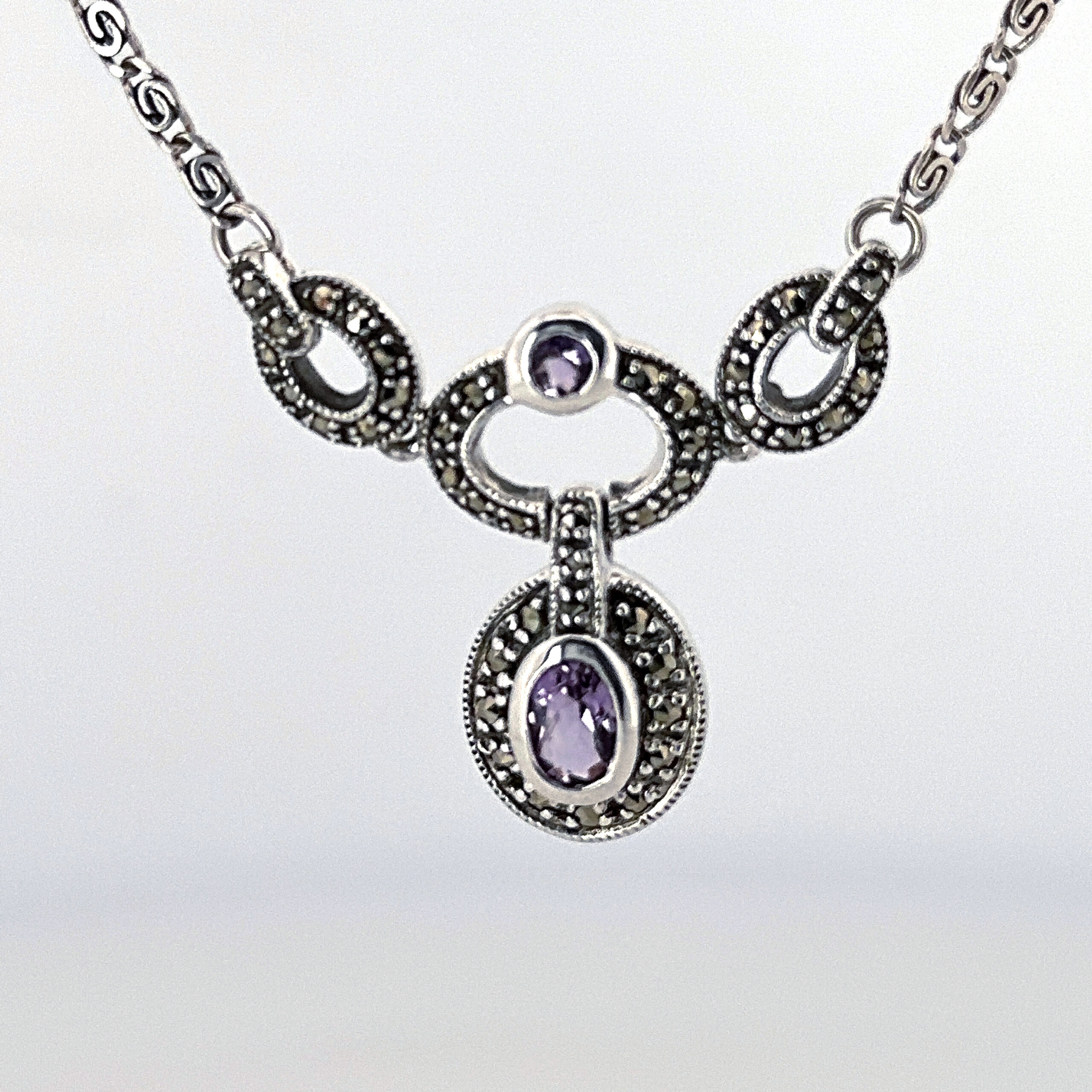 NK201 (3) Victorian Style Marcasite And Amethyst Necklace Finished In 925 English Hallmarked Sterling Silver