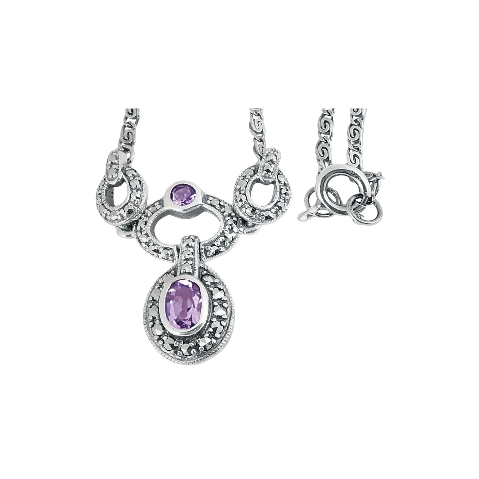 NK201 Victorian Style Marcasite And Amethyst Necklace Finished In 925 English Hallmarked Sterling Silver