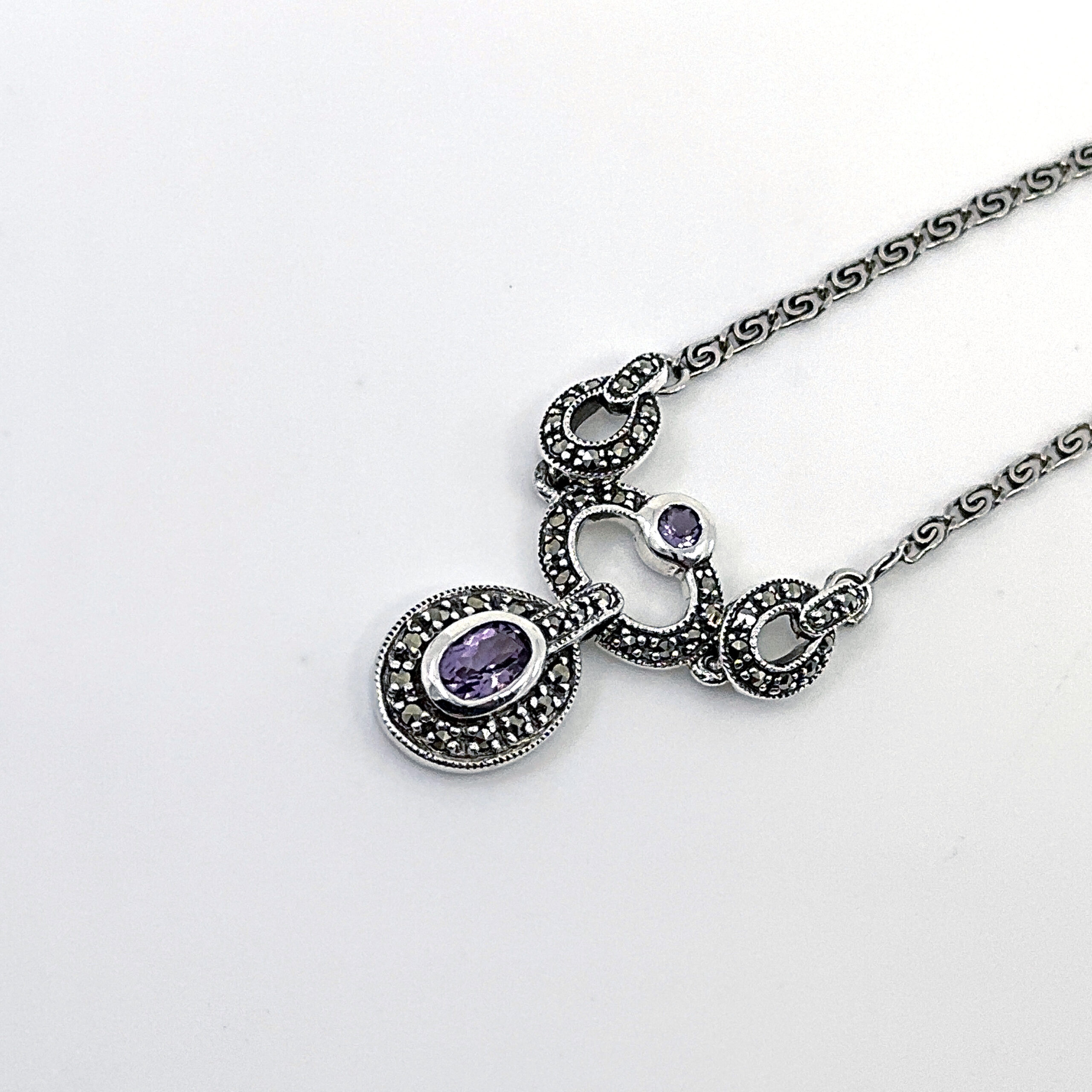 NK201 (4) Victorian Style Marcasite And Amethyst Necklace Finished In 925 English Hallmarked Sterling Silver