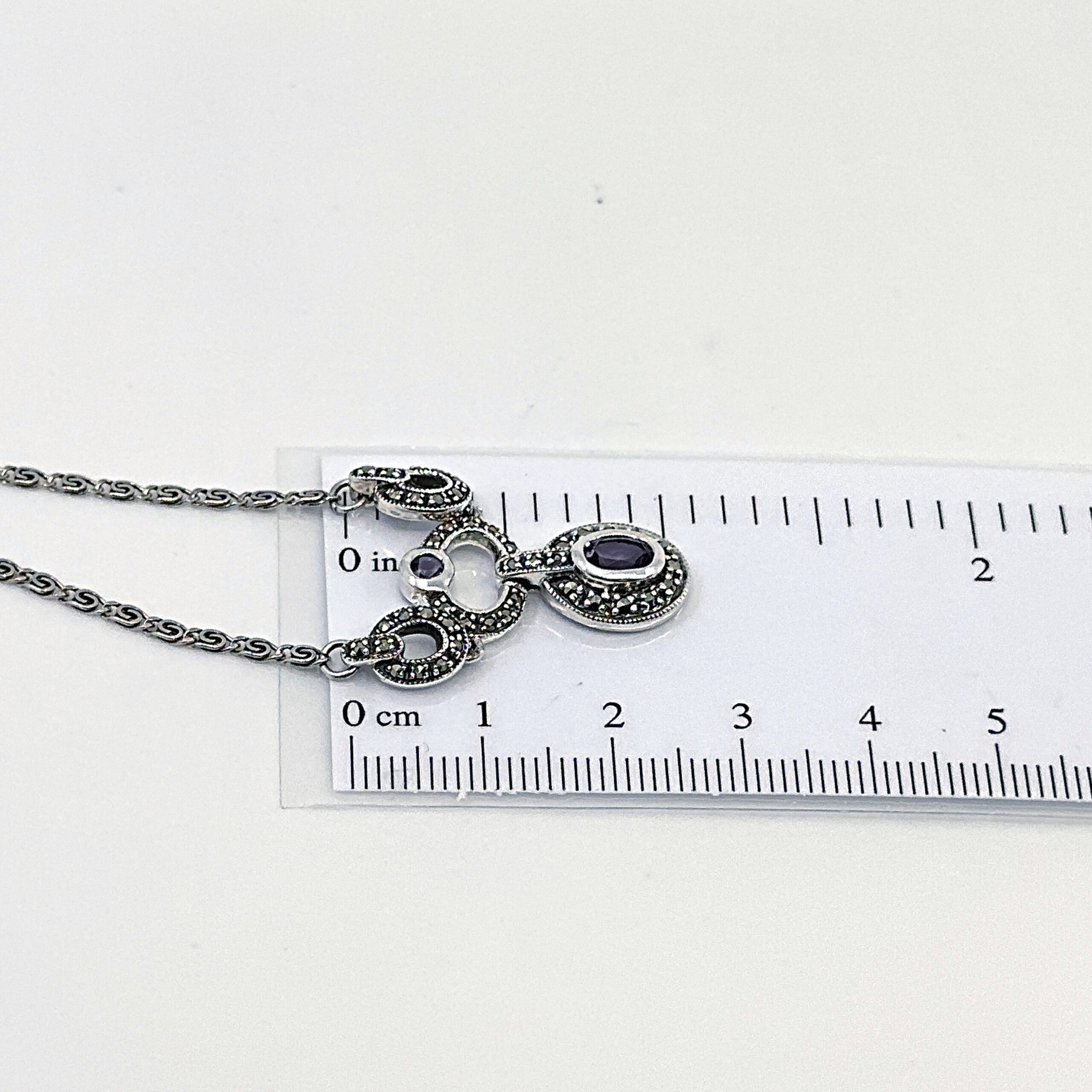 NK201 (5) Victorian Style Marcasite And Amethyst Necklace Finished In 925 English Hallmarked Sterling Silver