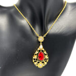Elegant Necklace Victorian Style Gold Plated Metal Alloy Set With Red And Clear Czech Crystals