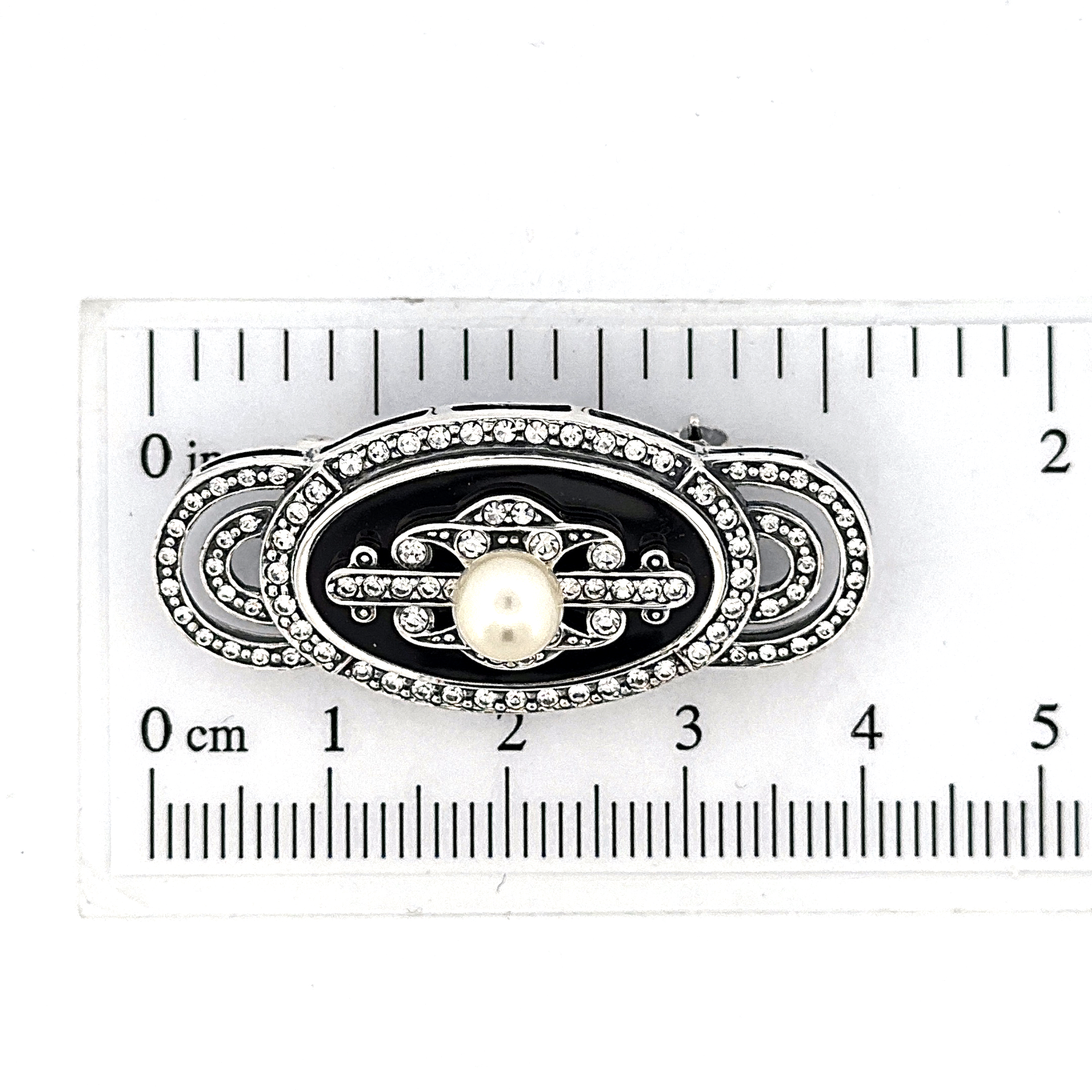 B210 (6) Pin Brooch With Black Enamel, Pearl & Cubic Zirconia Finished In 925 English Hallmarked Sterling Silver