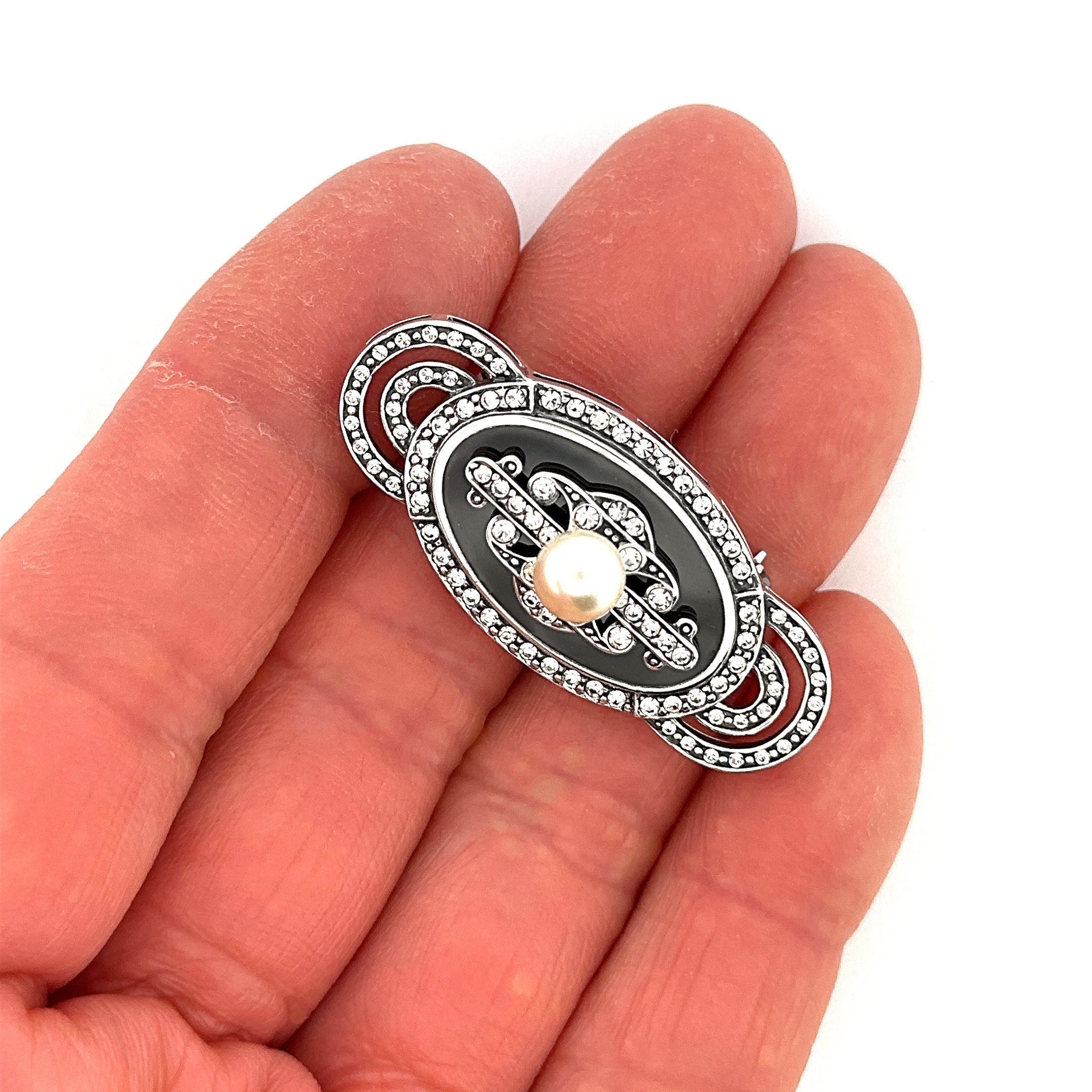 B210 (1) Pin Brooch With Black Enamel, Pearl & Cubic Zirconia Finished In 925 English Hallmarked Sterling Silver