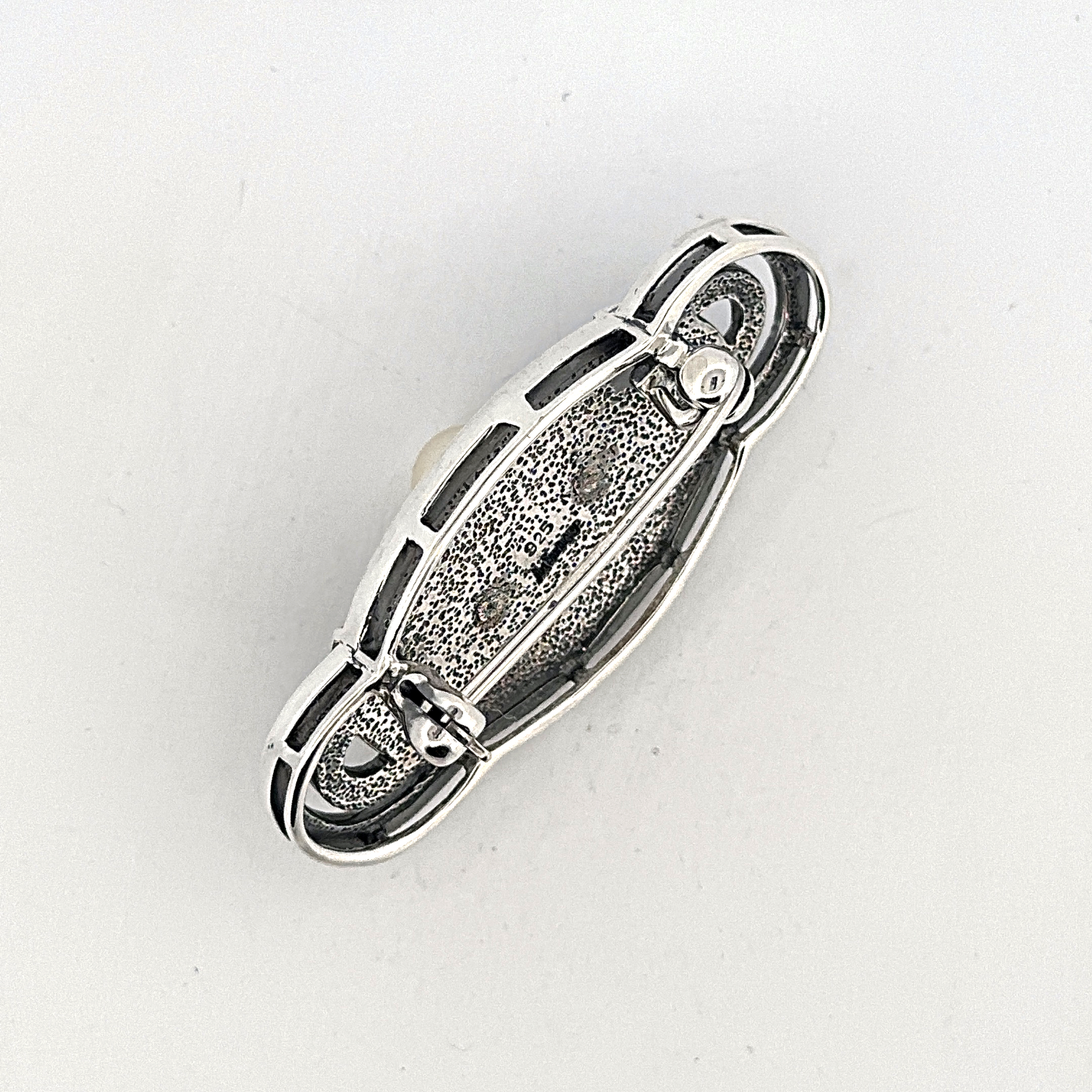 B210 (7) Pin Brooch With Black Enamel, Pearl & Cubic Zirconia Finished In 925 English Hallmarked Sterling Silver