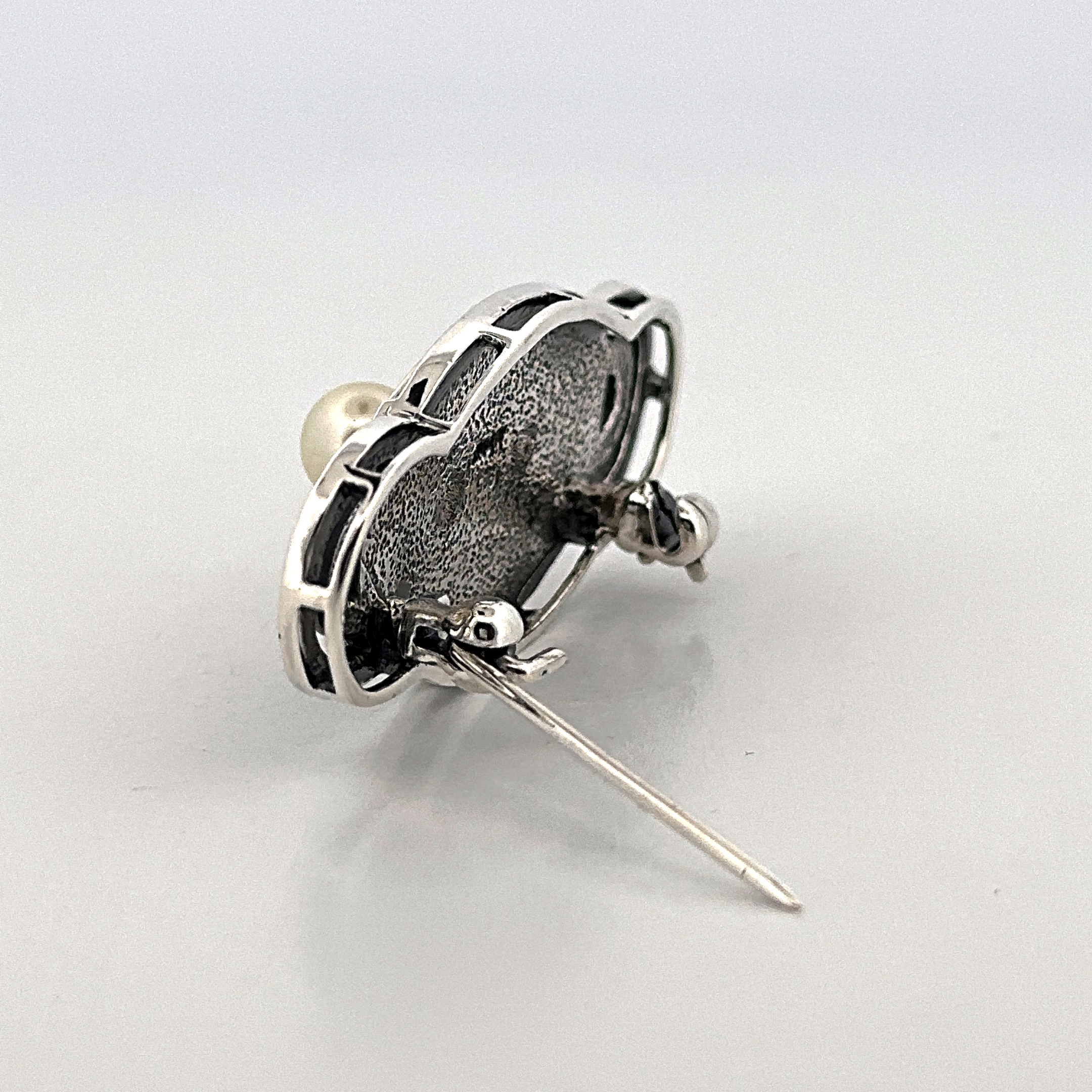 B210 (3) Pin Brooch With Black Enamel, Pearl & Cubic Zirconia Finished In 925 English Hallmarked Sterling Silver