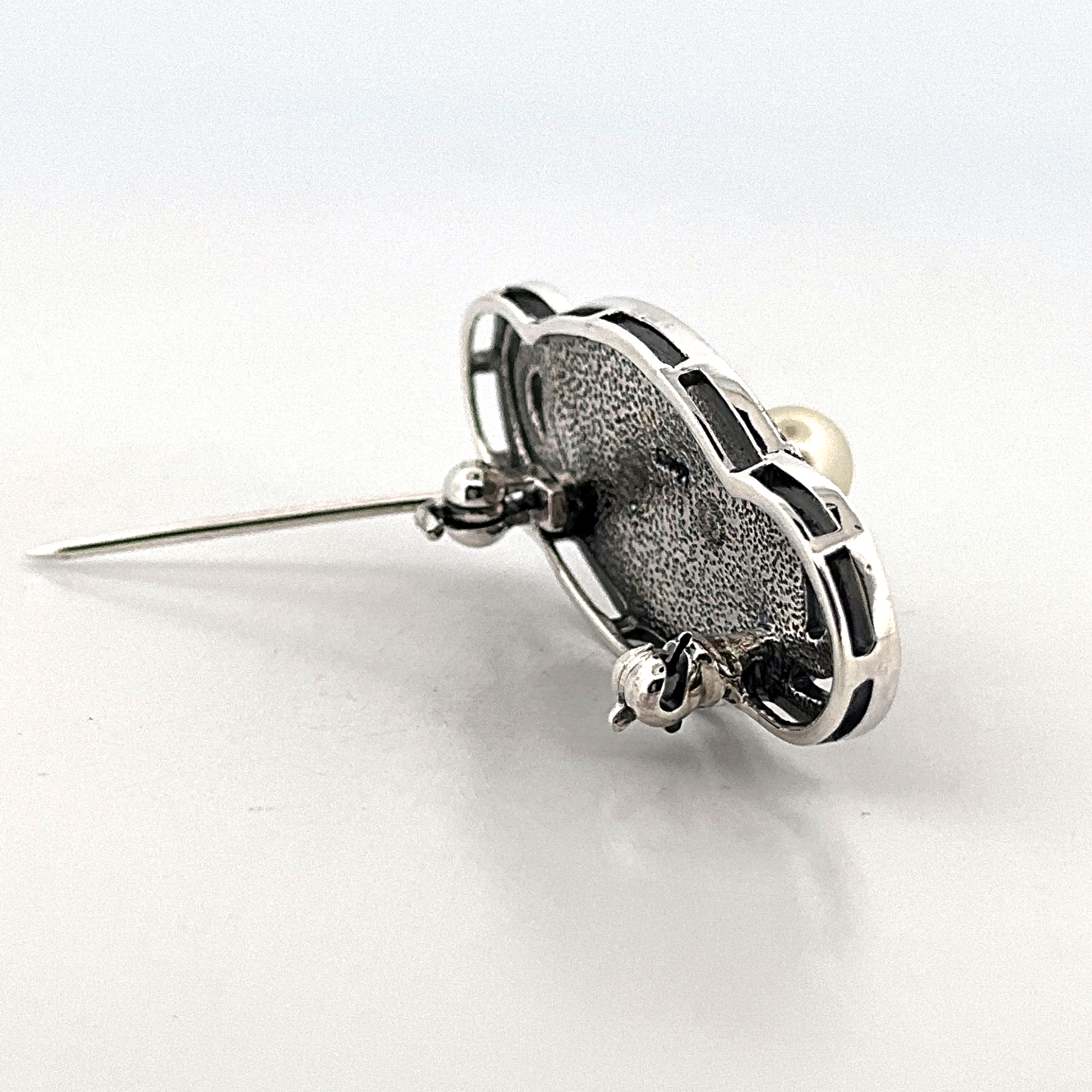 B210 (5) Pin Brooch With Black Enamel, Pearl & Cubic Zirconia Finished In 925 English Hallmarked Sterling Silver