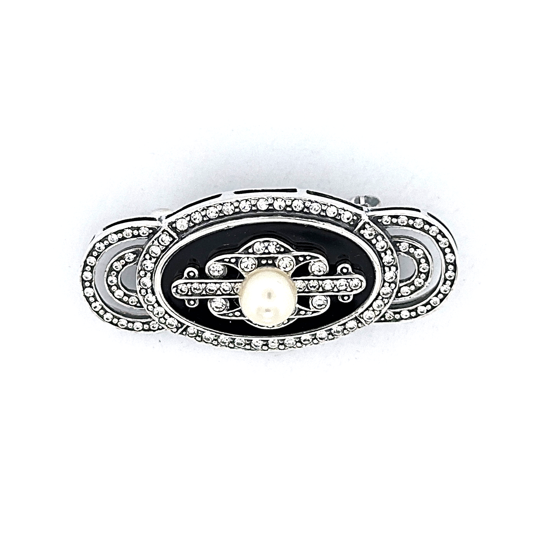 B210 (2) Pin Brooch With Black Enamel, Pearl & Cubic Zirconia Finished In 925 English Hallmarked Sterling Silver
