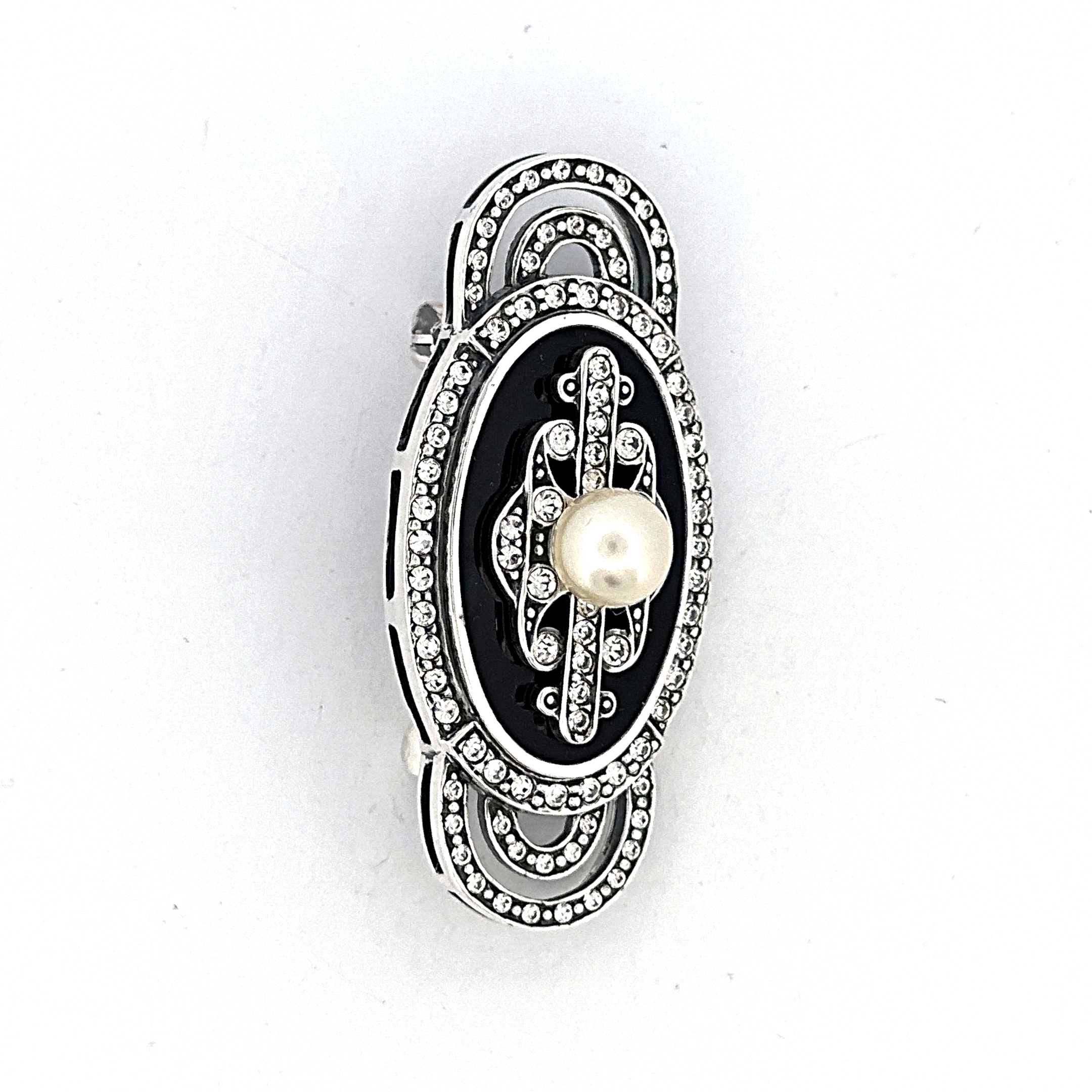 B210 (4) Pin Brooch With Black Enamel, Pearl & Cubic Zirconia Finished In 925 English Hallmarked Sterling Silver