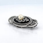 Pin Brooch With Black Enamel, Pearl & Cubic Zirconia Finished In 925 English Hallmarked Sterling Silver 9 Pin Brooch With Black Enamel, Pearl & Cubic Zirconia Finished In 925 English Hallmarked Sterling Silver