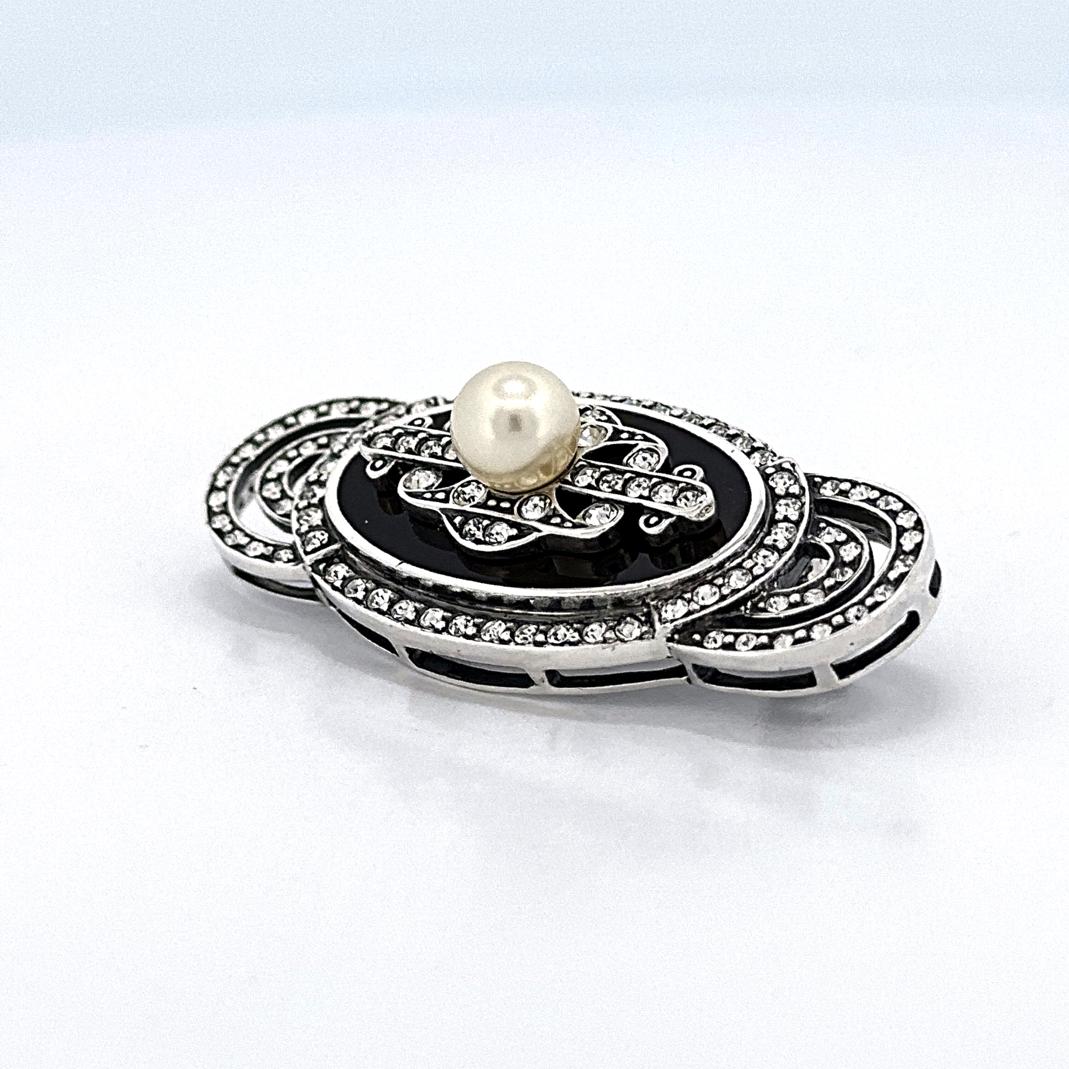 B210 (8) Pin Brooch With Black Enamel, Pearl & Cubic Zirconia Finished In 925 English Hallmarked Sterling Silver