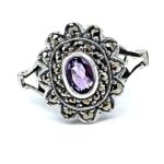 Victorian Style Ring Set With Amethyst And Marcasite Finished In 925 English Hallmarked Sterling Silver