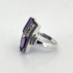 Victorian Style Ring Set With Amethyst And Marcasite Finished In 925 English Hallmarked Sterling Silver