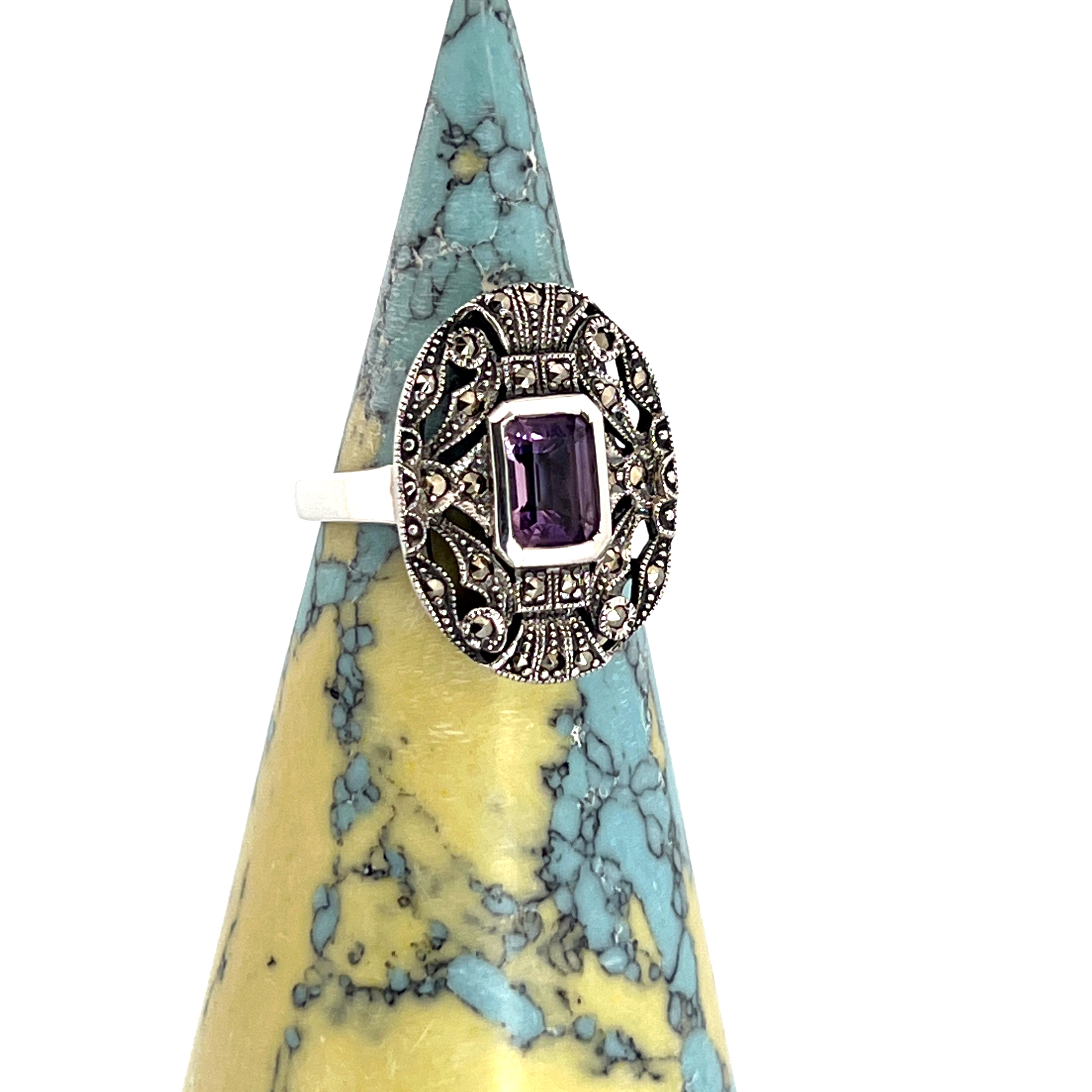 RG245 (7) Victorian Style Ring Set With Amethyst And Marcasite Finished In 925 English Hallmarked Sterling Silver