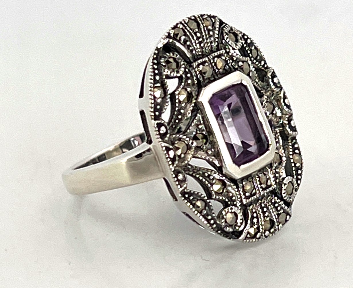 RG245 (4) Victorian Style Ring Set With Amethyst And Marcasite Finished In 925 English Hallmarked Sterling Silver