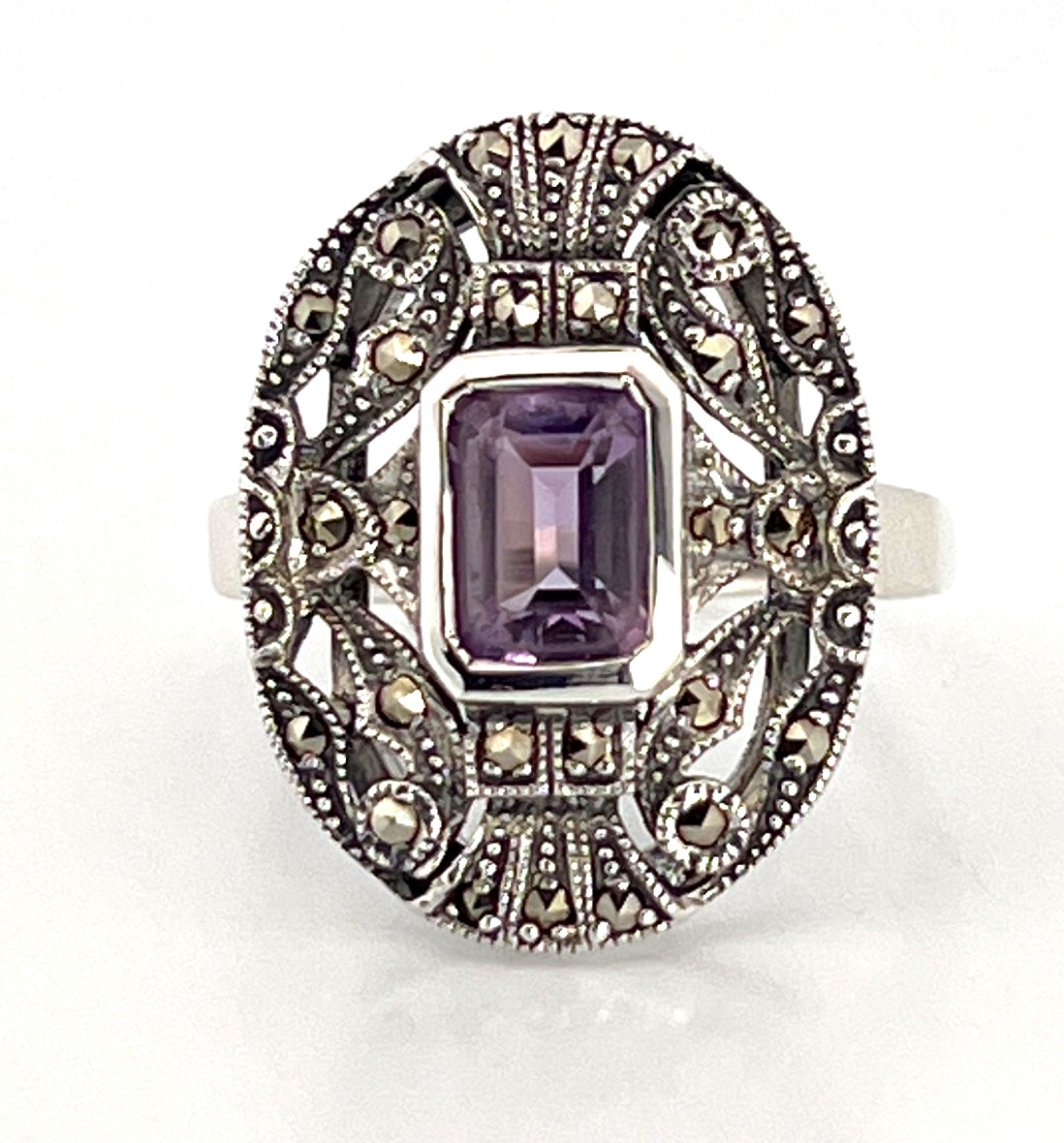 RG245 (9) Victorian Style Ring Set With Amethyst And Marcasite Finished In 925 English Hallmarked Sterling Silver