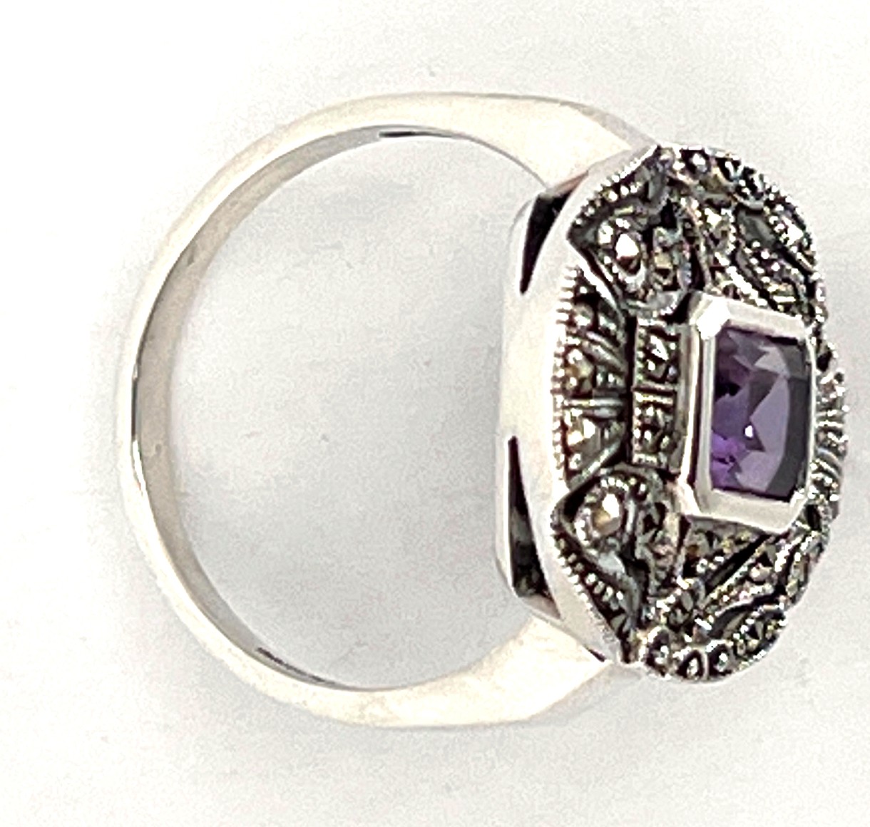 RG245 (6) Victorian Style Ring Set With Amethyst And Marcasite Finished In 925 English Hallmarked Sterling Silver