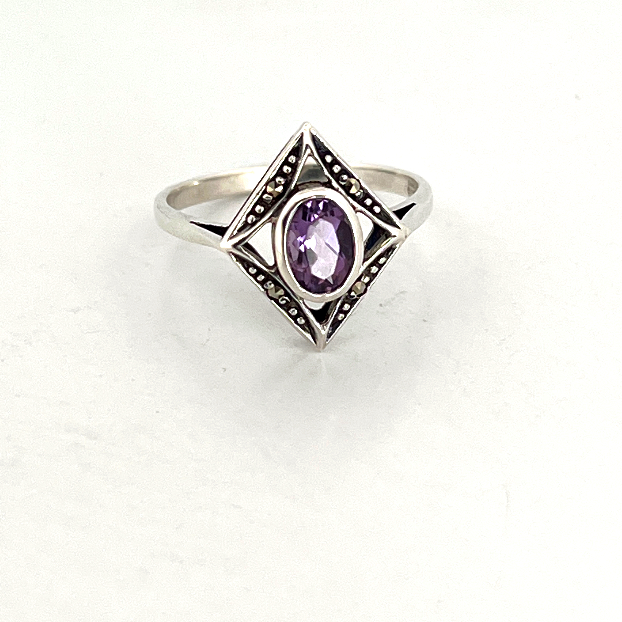 RG211 (5) Victorian Style Ring With Amethyst And Marcasite Finished In 925 English Hallmarked Sterling Silver