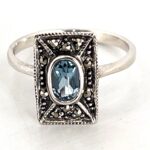 Victorian Style Ring Set With Synthetic Aquamarine And Marcasite Finished In 925 English Hallmarked Sterling Silver