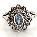 Victorian Style Ring Set With Synthetic Aquamarine And Marcasite Finished In 925 English Hallmarked Sterling Silver