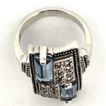 Victorian Style Ring Set With Synthetic Aquamarine And Marcasite Finished In 925 English Hallmarked Sterling Silver