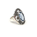 Victorian Style Ring Set With Synthetic Aquamarine And Marcasite Finished In 925 English Hallmarked Sterling Silver