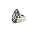 Victorian Style Ring Set With Synthetic Aquamarine And Marcasite Finished In 925 English Hallmarked Sterling Silver