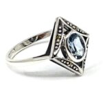 Victorian Style Ring Set With Synthetic Aquamarine And Marcasite Finished In 925 English Hallmarked Sterling Silver