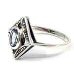 Victorian Style Ring Set With Synthetic Aquamarine And Marcasite Finished In 925 English Hallmarked Sterling Silver