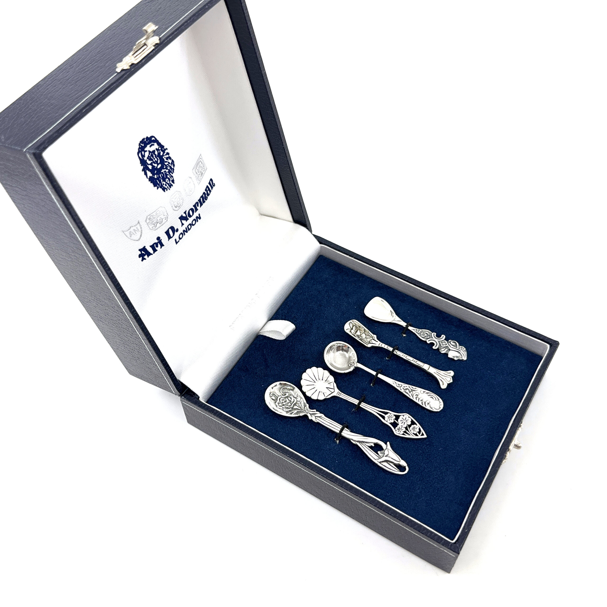 BOX103 (2) Five Piece Victorian Style Salt And Mustard Spoon Set, finished in 925 English Hallmarked Sterling Silver