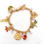 Flora And Fauna Charm Bracelet Art Nouveau Style Gold Plated Metal Alloy Set With Enamel And Sparkling Czech Crystals