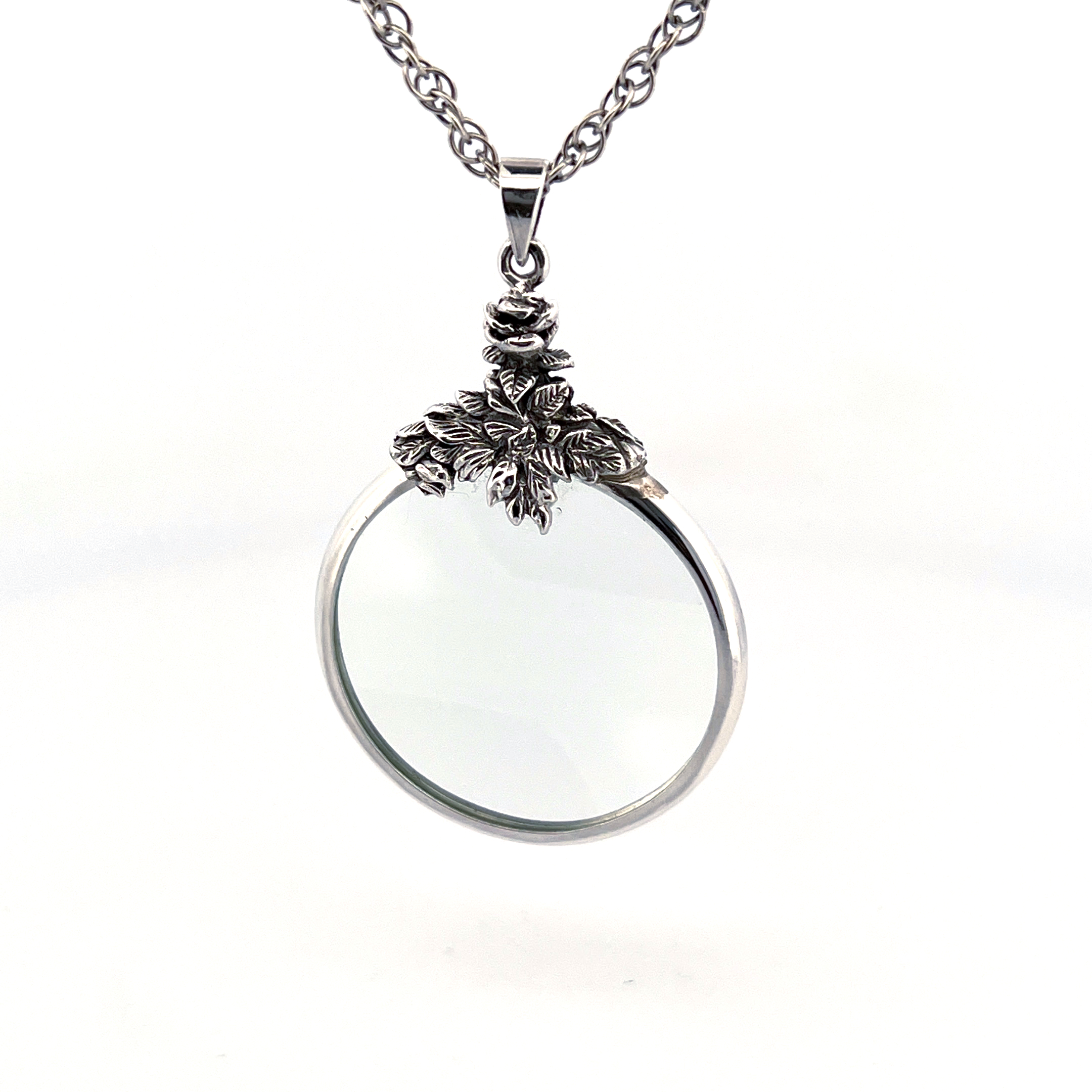 PT221 (6) Floral Magnifying Glass Pendant On Chain, Finished In 925 English Hallmarked Sterling Silver