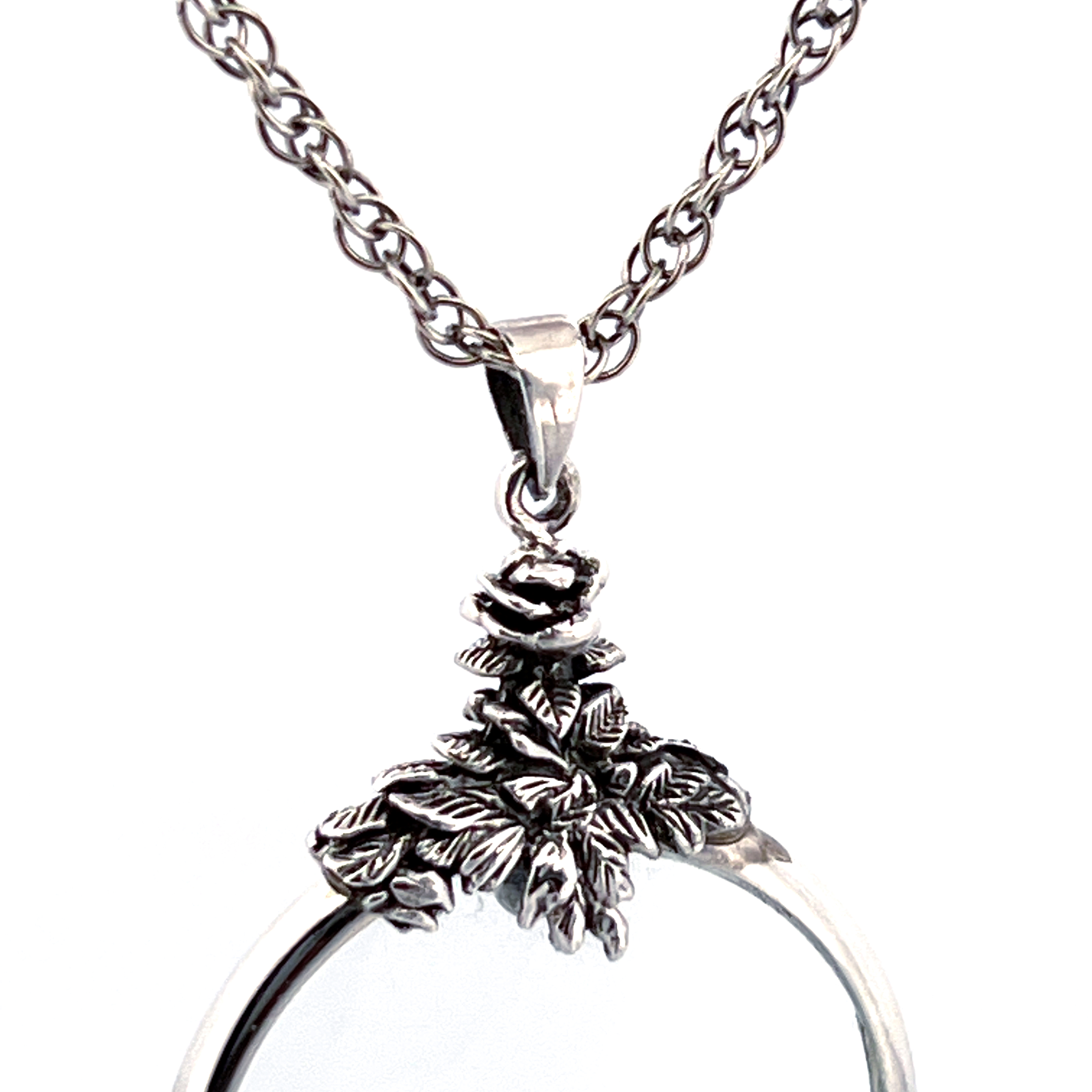 PT221 (8) Floral Magnifying Glass Pendant On Chain, Finished In 925 English Hallmarked Sterling Silver