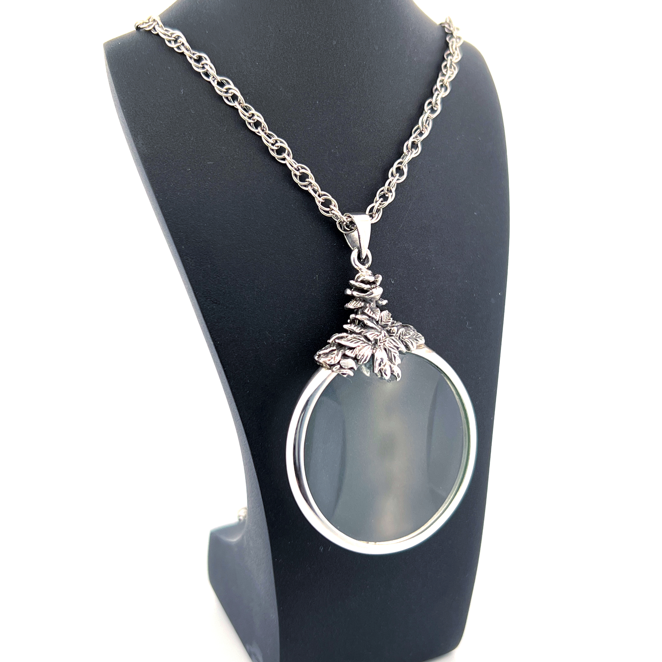 PT221 (3) Floral Magnifying Glass Pendant On Chain, Finished In 925 English Hallmarked Sterling Silver