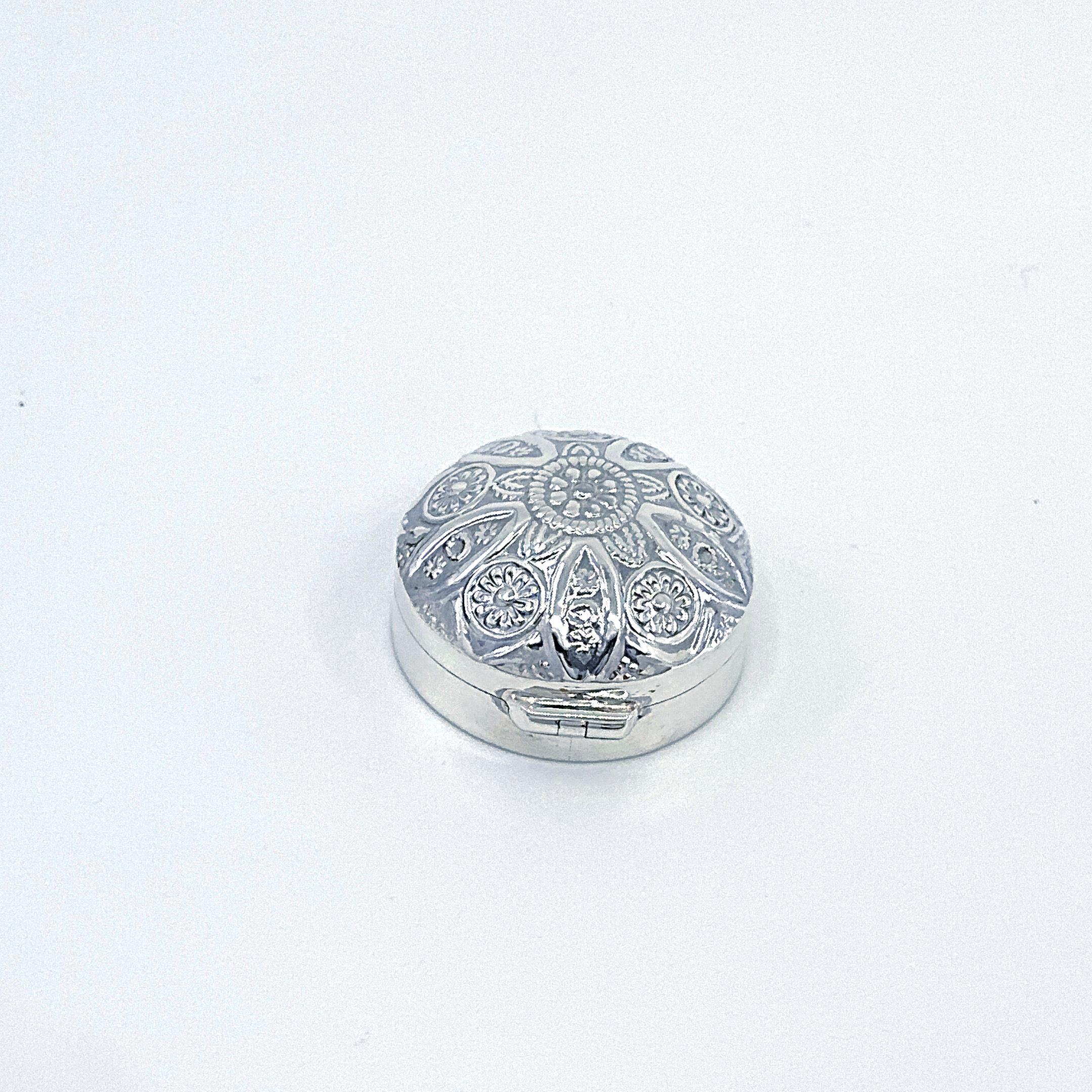 PB533 (7) Floral Round Domed Pill Box Victorian Style, finished in 925 English Hallmarked Sterling Silver