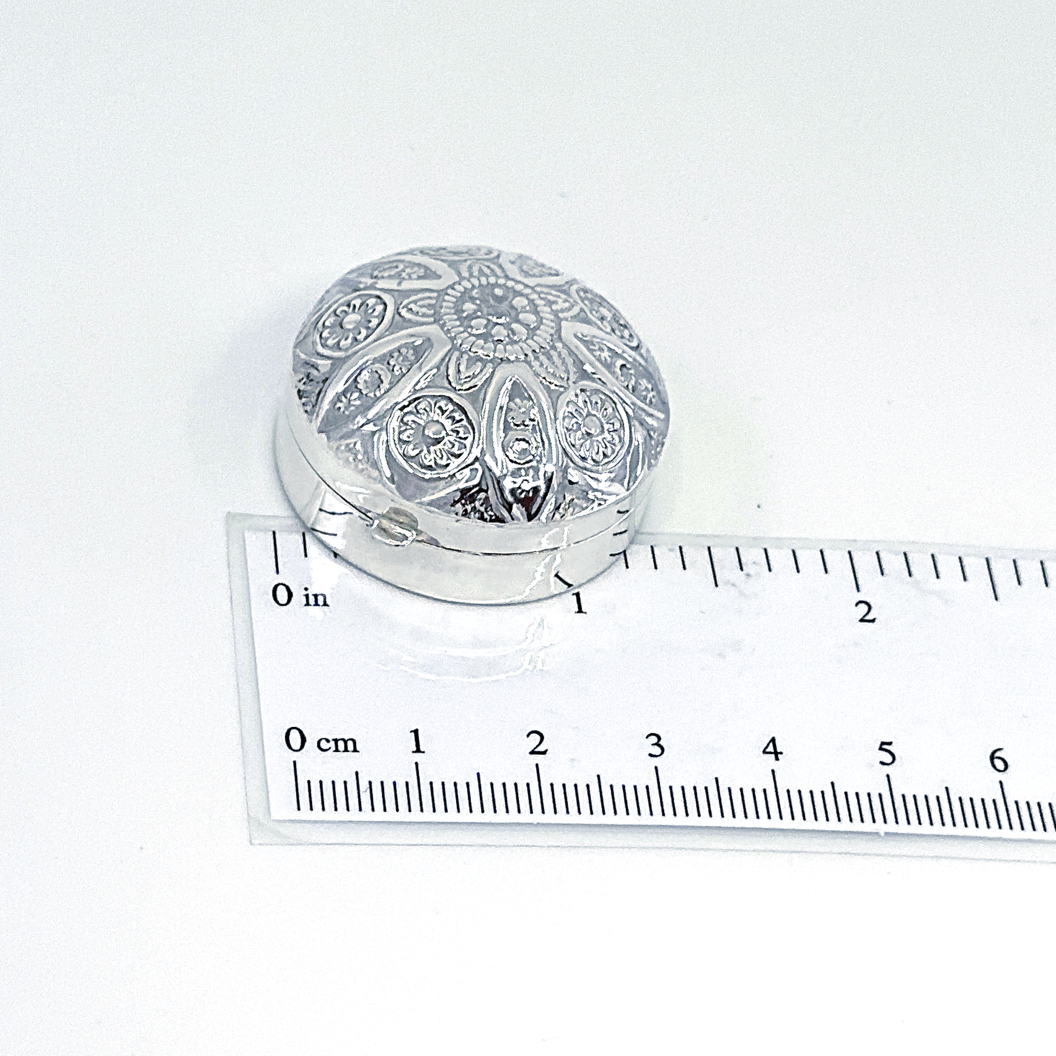 PB533 (2) Floral Round Domed Pill Box Victorian Style, finished in 925 English Hallmarked Sterling Silver