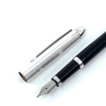 Fountain Pen With Black Acrylic And Engine Turned Finish In 925 English Hallmarked Sterling Silver