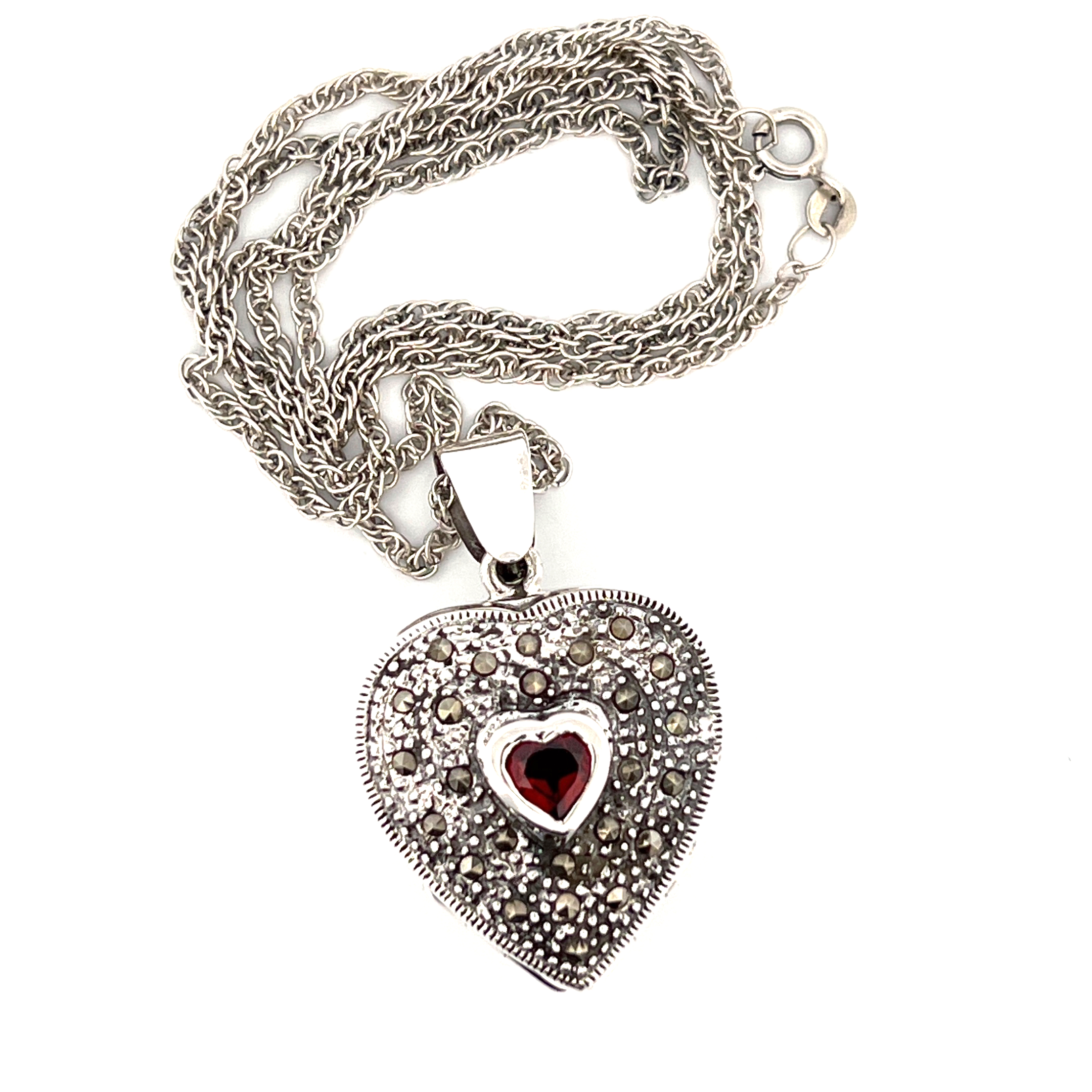 PT478 (3) Four Part Heart Locket Set With Marcasite And Garnet, Finished In 925 English Hallmarked Sterling Silver