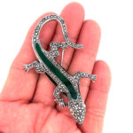 Gecko Pin Brooch Art Deco Style With Green Enamel And Marcasite Finished In 925 English Hallmarked Sterling Silver