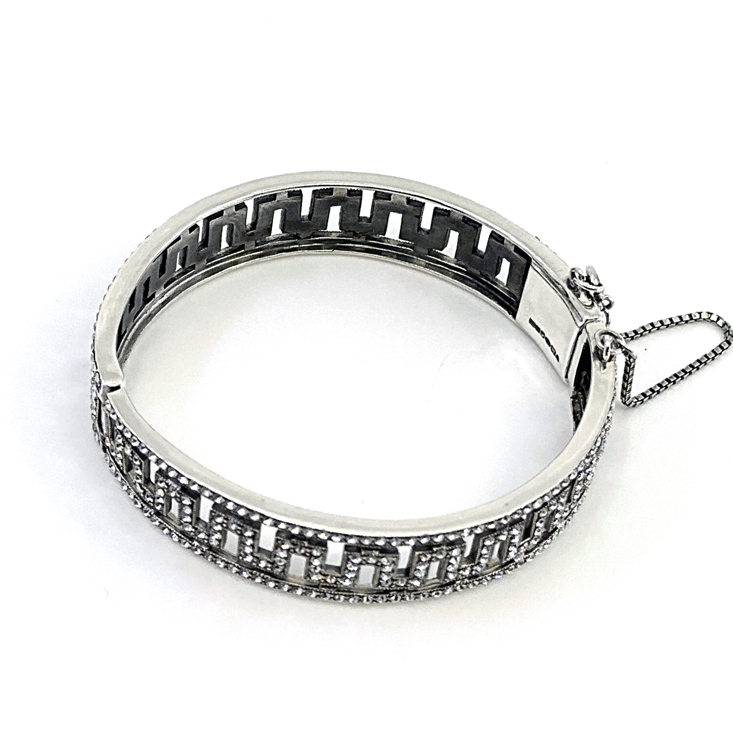 BT205 (2) Greek Key Design Cuff Bangle Art Deco Style Set With Czech Crystals Finished in 925 English Hallmarked Sterling Silver