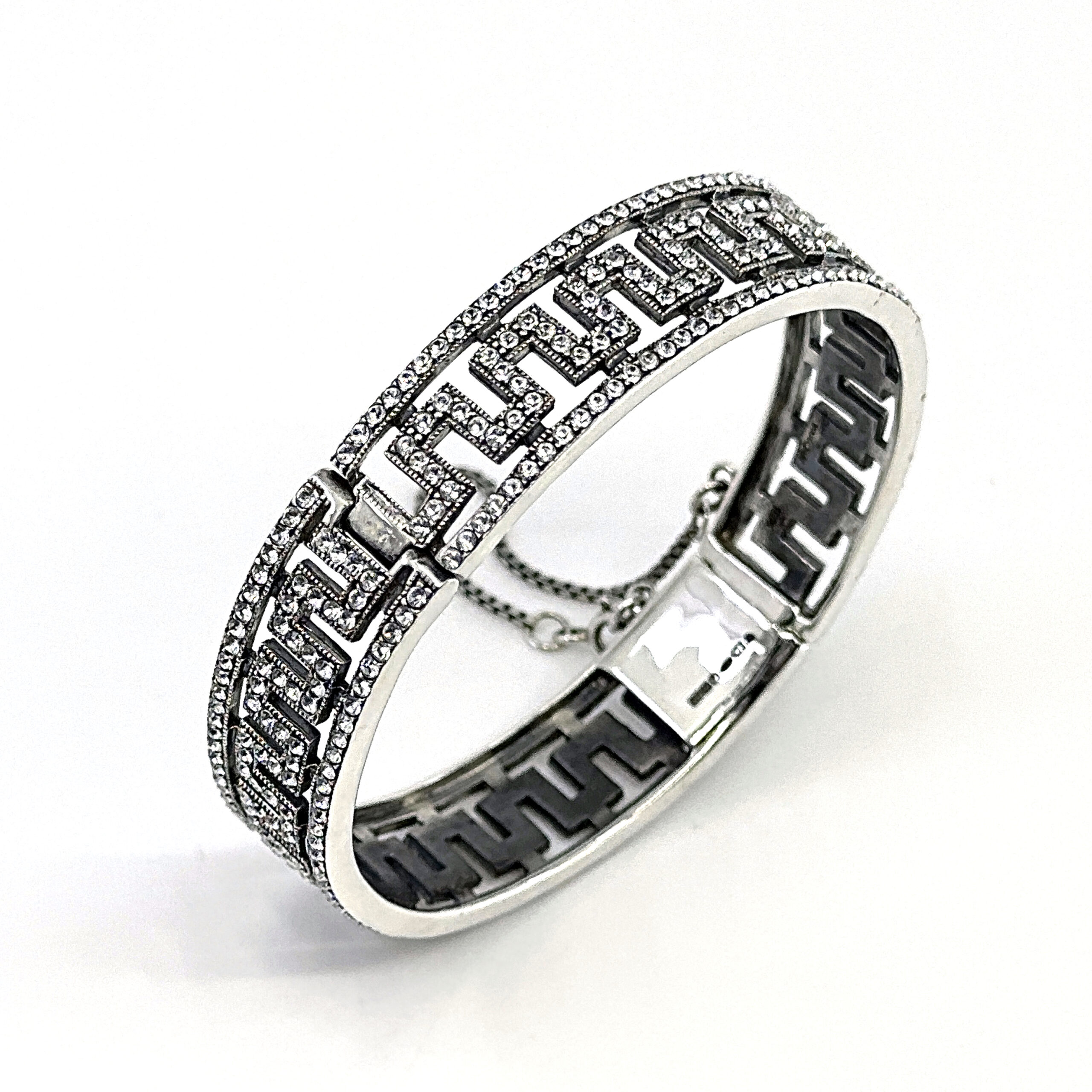BT205 (1) Greek Key Design Cuff Bangle Art Deco Style Set With Czech Crystals Finished in 925 English Hallmarked Sterling Silver
