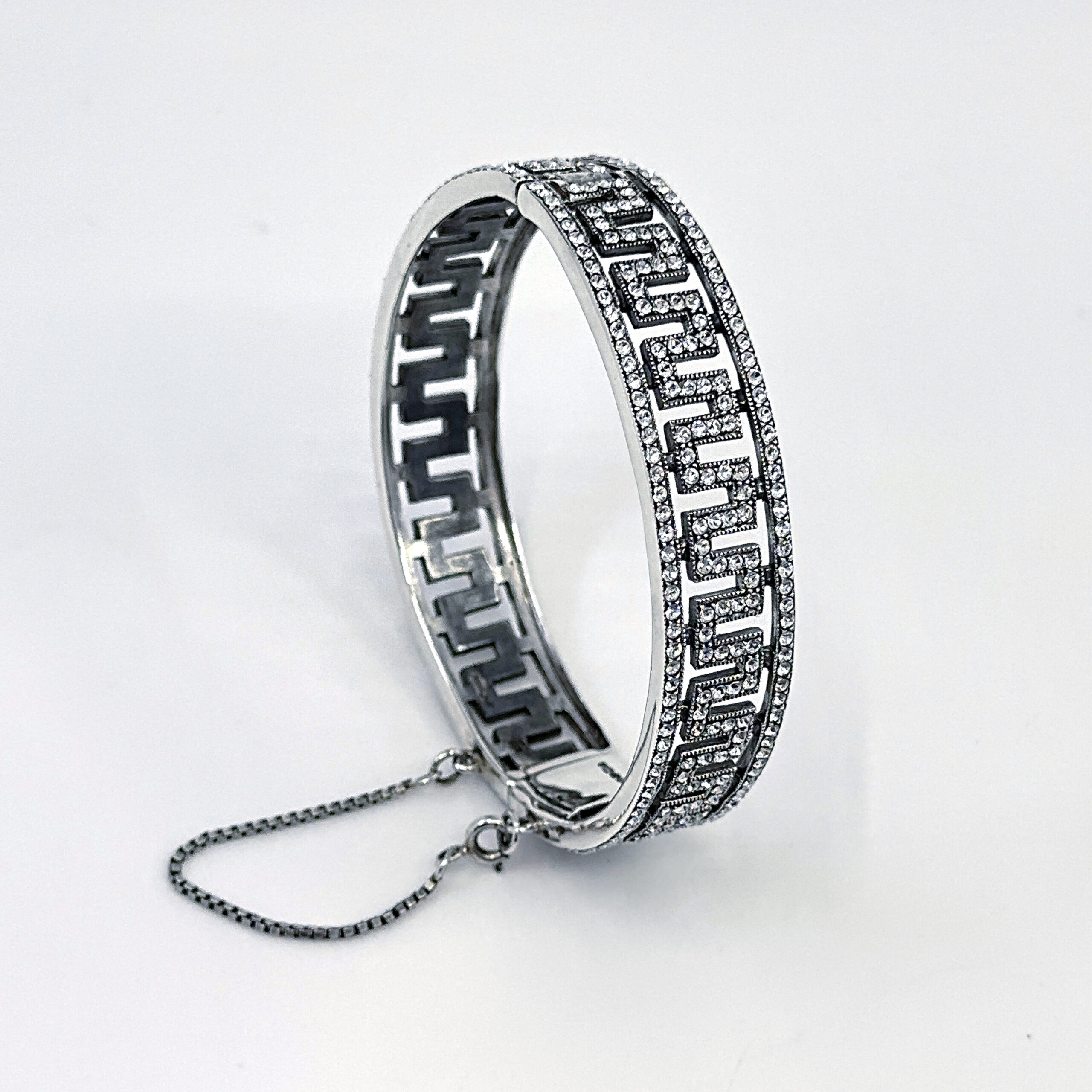 BT205 (6) Greek Key Design Cuff Bangle Art Deco Style Set With Czech Crystals Finished in 925 English Hallmarked Sterling Silver