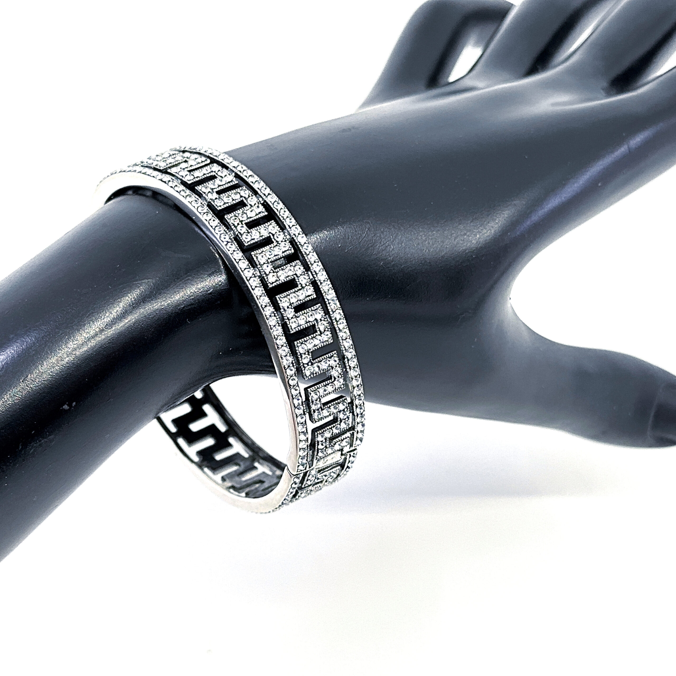 BT205 (7) Greek Key Design Cuff Bangle Art Deco Style Set With Czech Crystals Finished in 925 English Hallmarked Sterling Silver