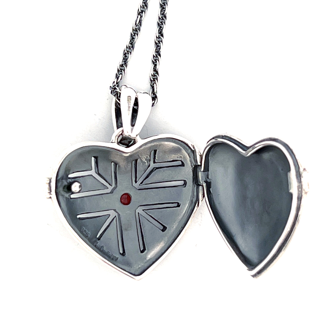 PT277 (4) Heart Locket Set With Garnet And Marcasite, Finished In 925 English Hallmarked Sterling Silver
