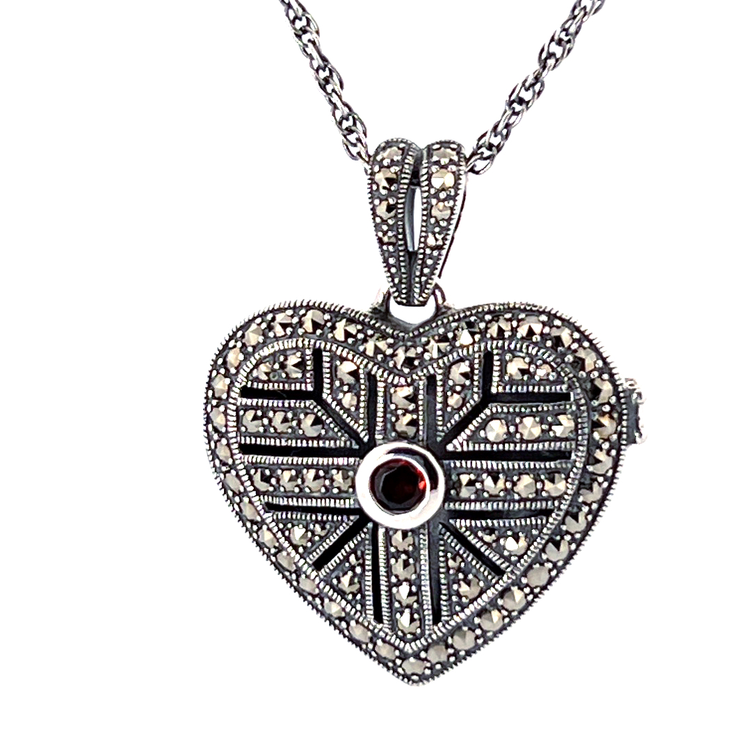 PT277 (1) Heart Locket Set With Garnet And Marcasite, Finished In 925 English Hallmarked Sterling Silver