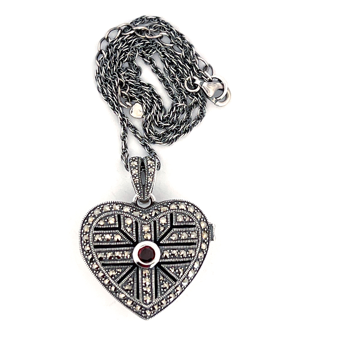 PT277 (5) Heart Locket Set With Garnet And Marcasite, Finished In 925 English Hallmarked Sterling Silver